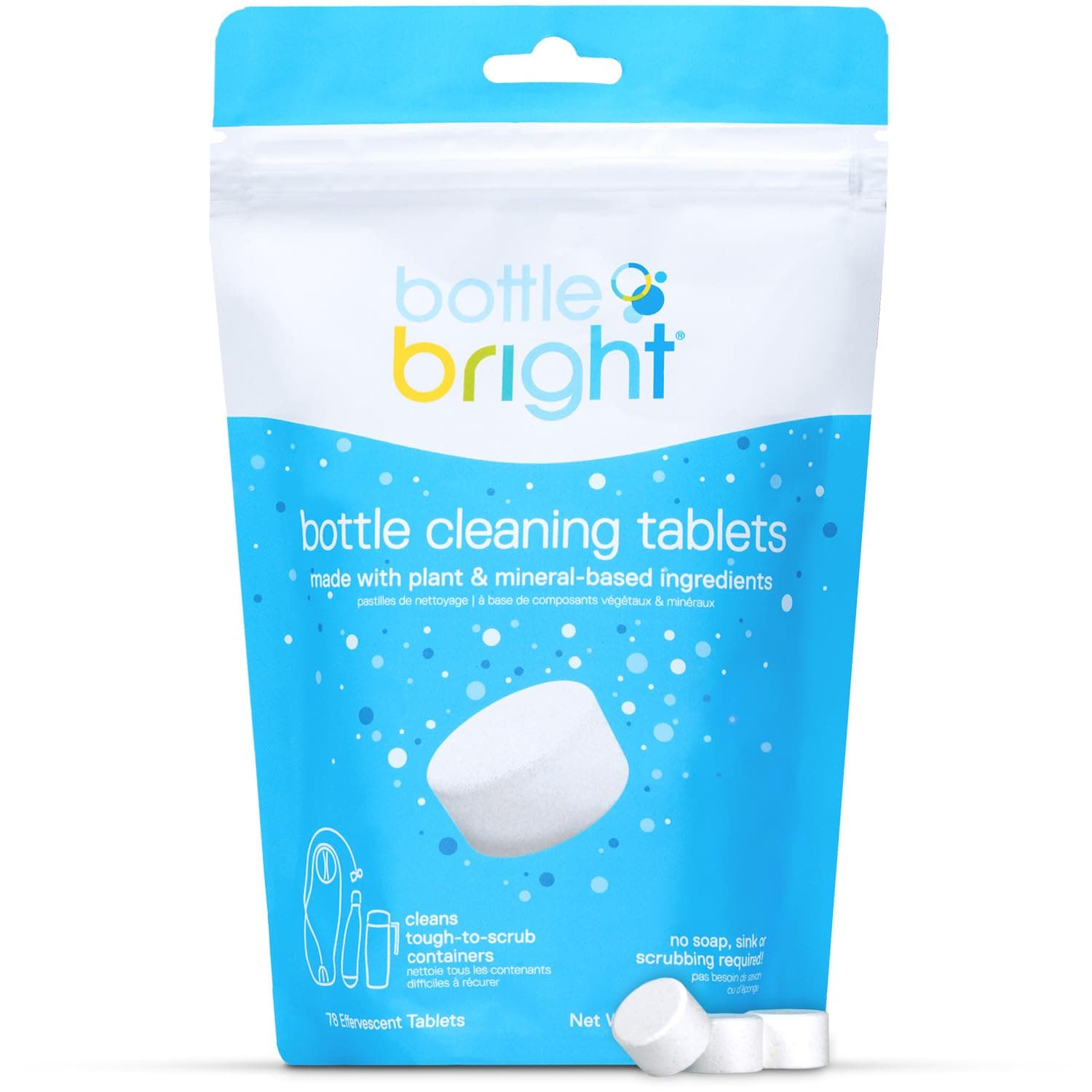 BOTTLE BRIGHT Bulk Pack (78 Tablets) - All Natural, Safe, Free of Harmful Ingredients - Water Bottle & Hydration Pack Cleaning Tablets Clear