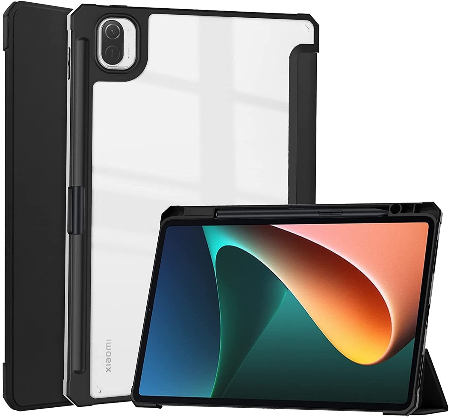 JSUSOU Case for Xiaomi Pad 5 11.0 inch, Smart Slim Trifold Stand Auto Sleep/Wake Cover with Pencil Holder, Clear Transparent Back Shell for Xiaomi Pad 5 Pro 5G 2021 Case -Black