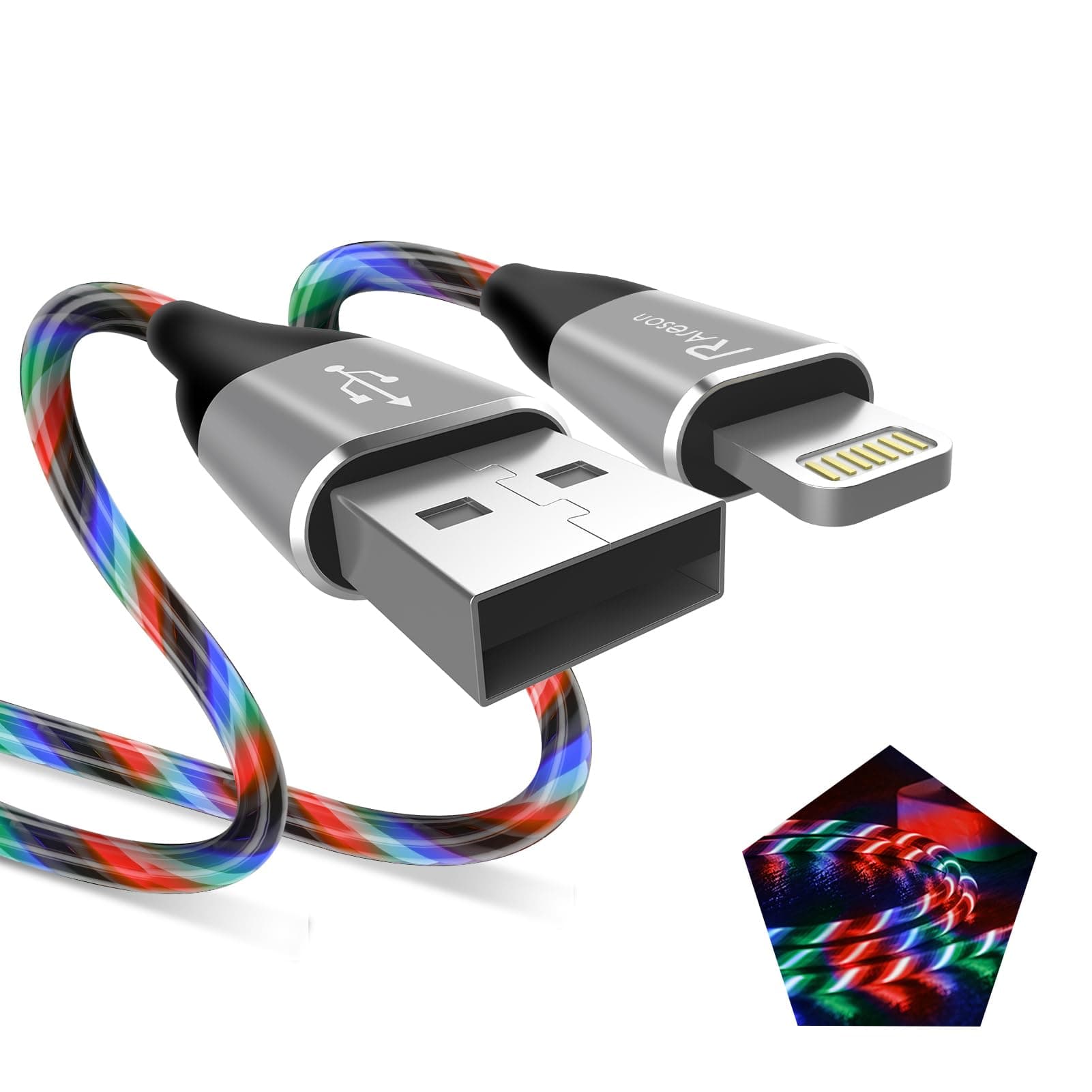 Light up iPhone Charger Cord, LED Lightning Cables 1 Pack | Apple MFi Certified | USB Fast Charging Cord for Apple iPhone 13 12 11 Pro Max XR XS X/8Plus/7Plus/6Plus/5s/iPad More (Multicolored, 3FT)