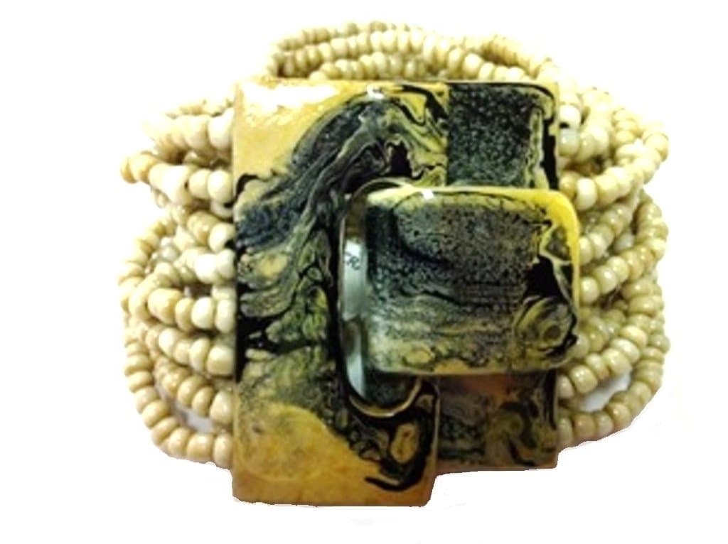 2-6 Day Delivery- Multiple Colors Available, Hand-painted Abstract Handmade Beaded Balinese Bracelet or Necklace, with Painted Natural Wood Hook Buckle Closure Multi Strand Glass Beaded Jewelry Trendy Atristic Unique Design Modern Artsy Indonesian Fashion Accessory from Bali (Bracelet, Cream Antik)