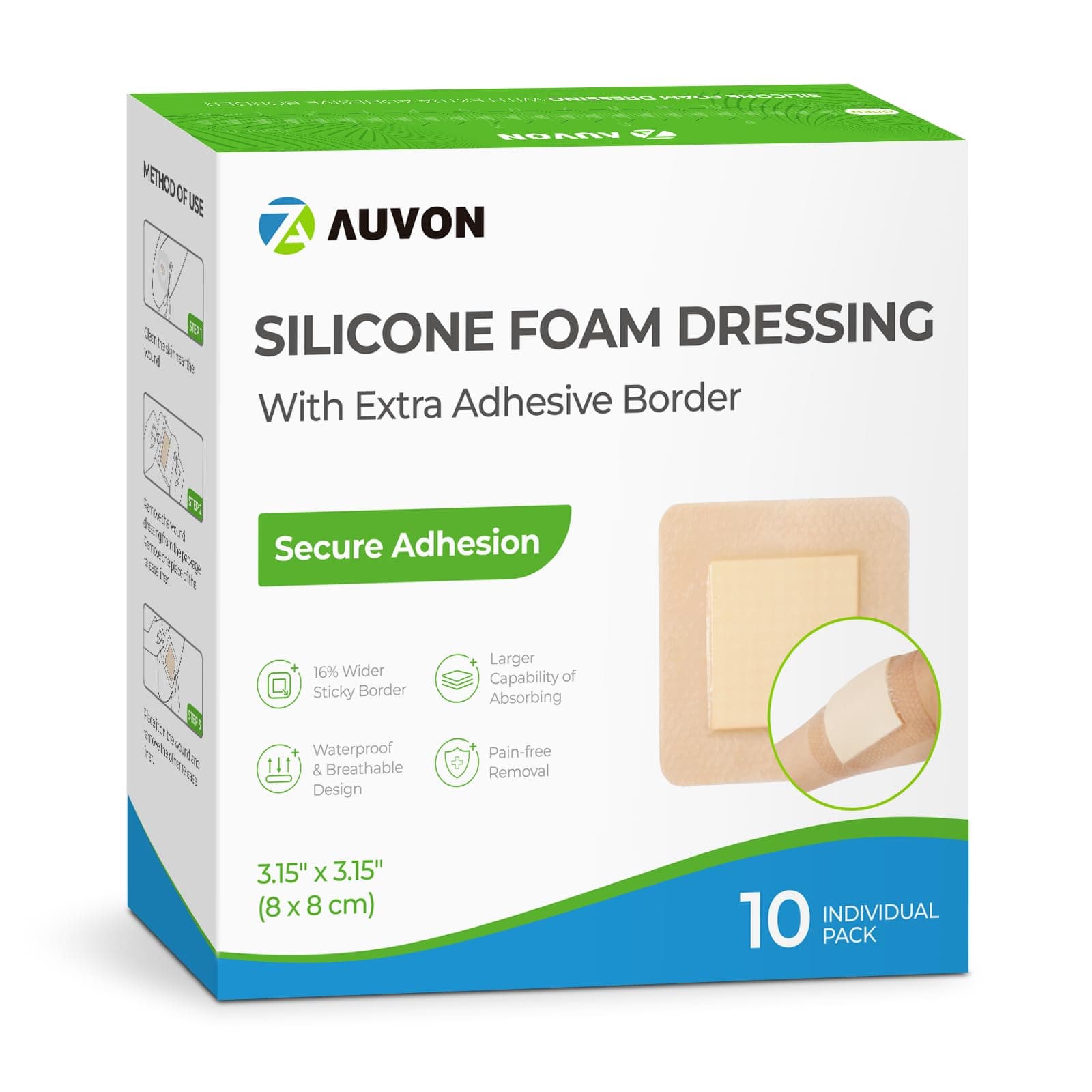 Silicone Foam Dressing with Large Adhesive Border, 3" x 3" 10 Packs Wound Dressing Bandage with High Absorbency, Waterproof Silicone Foam Pads for Wound Care & Protection Plus Cushioning