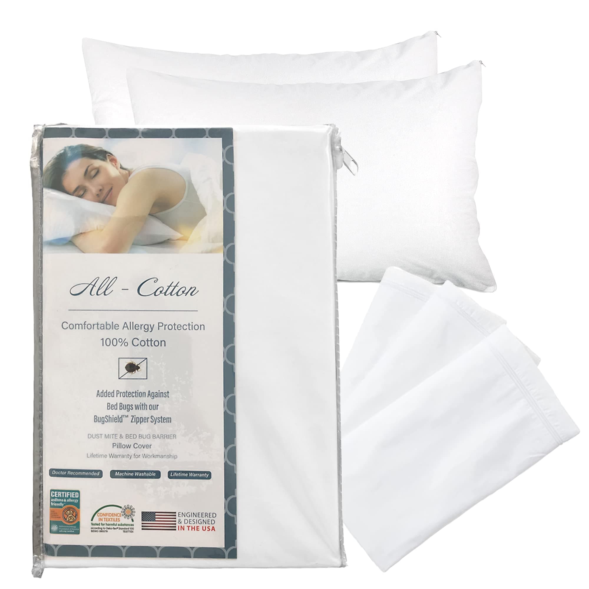 Premium 100% Cotton Zippered Pillow Protector - Standard Size - White - 2 Pack - 300 Thread Count - Hypoallergenic Bed Pillowcase with Zipper - Breathable Encasement Cover
