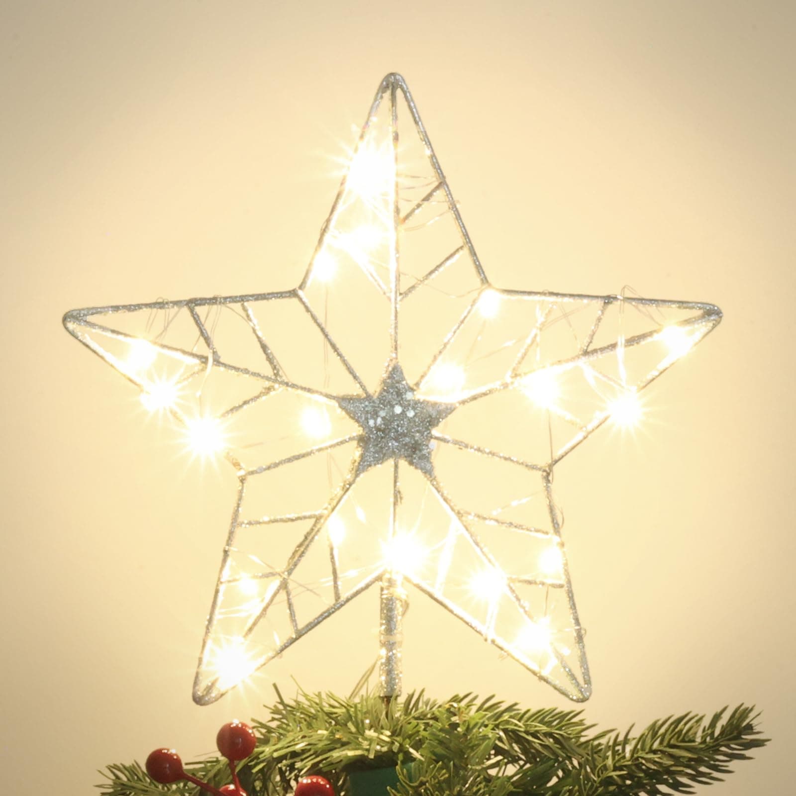 YEAHOME Christmas Tree Topper, Silver Glittered Hollow 5-Point Star Tree Topper for Christmas Tree Decorations, Lighted Wire Star with 20 LED Lights for Christmas Treetop, Xmas Tree Topper with Timer