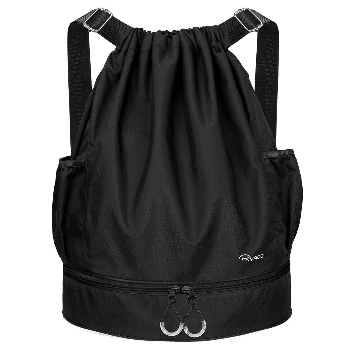 RYACO Drawstring Backpack Sports Gym Bag, Water Resistant String Sackpack Large Size with Zipper and Water Bottle Mesh Pockets for Gym Shopping Sport Yoga School Swimming Beach