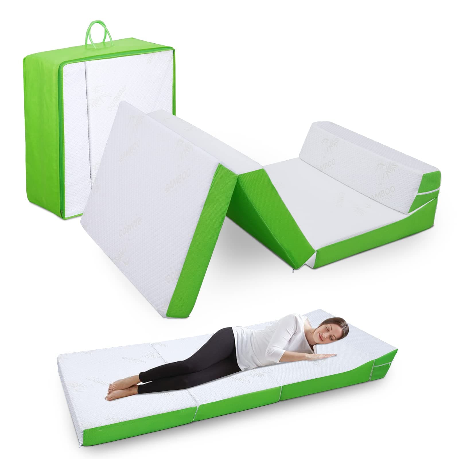 Foldable Mattress with Pillow- 4 Inch Memory Foam Tri-fold for Adults&Kids- Portable Folding Floor Tent, Camper, RV Travel, Guest