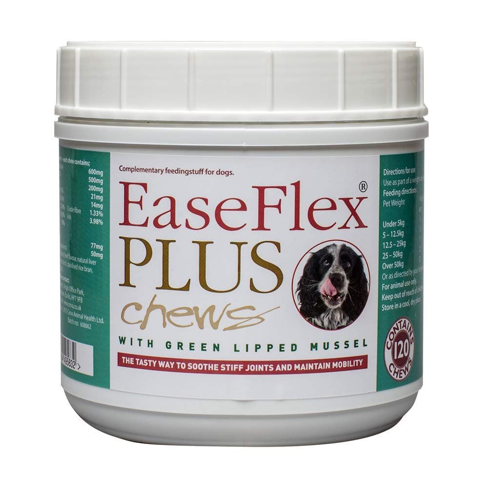 EaseFlex PLUS tasty soft chews for stiff and older dogs. Glucosamine, chondroitin and green lipped mussel - tub of 120 chews
