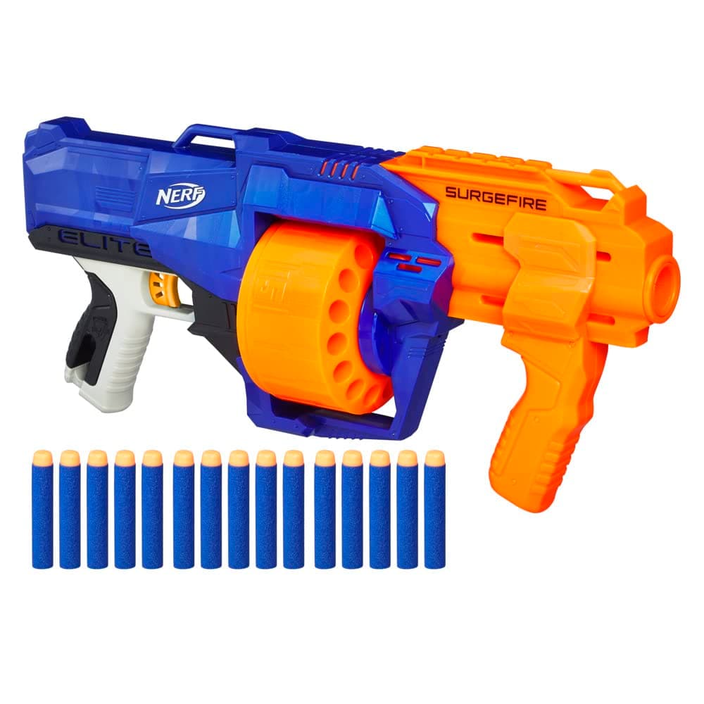 Nerf Surgefire Elite Blaster 15-Dart Rotating Drum, Slam Fire, Includes 15 Official Elite Darts for Children, Teens, Adults, Multicolor