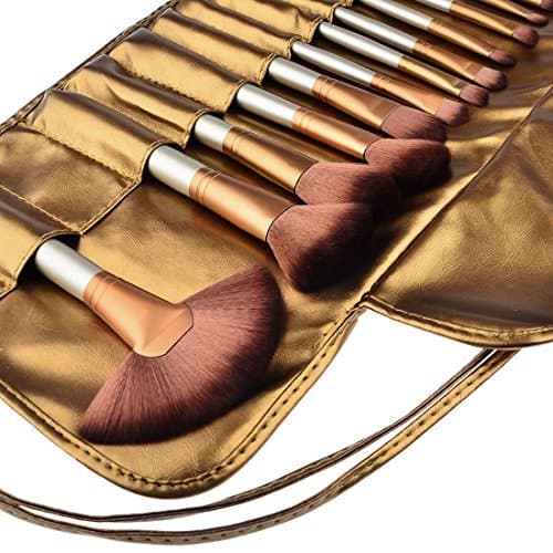 Tribecca 24pcs Makeup Brush Set, 24 Professional Makeup Brushes Kit Wooden Handle With Leather Pouch (Gold Beige)
