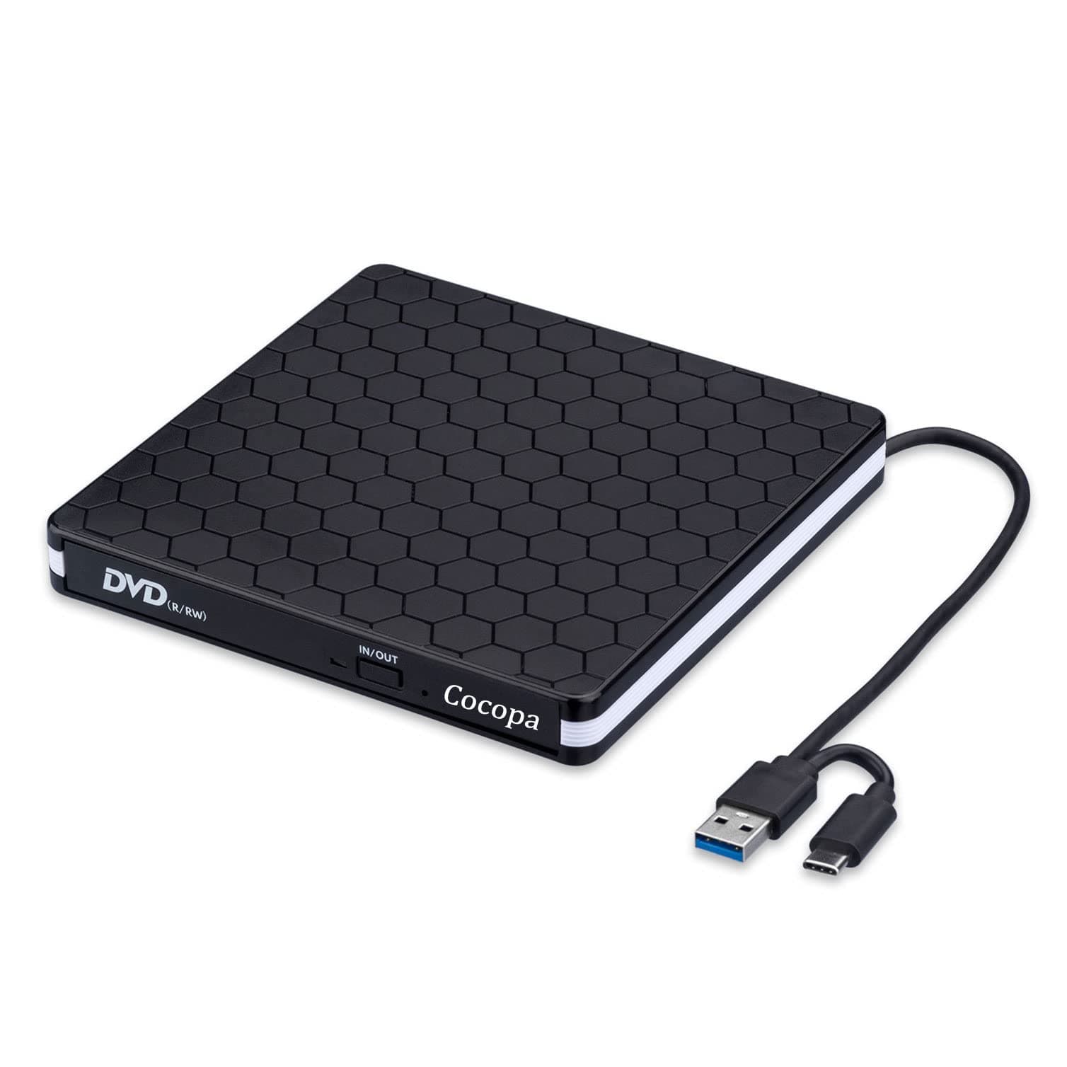 Cocopa External CD DVD Drive, Type-C USB 3.0 Slim Portable CD Reader CD/DVD-RW Burner Low Noise High Speed Data Transfer Super drive for Laptop, Desktop, Mac OS, Windows 10/8/7 / XP/Linux Low Noise