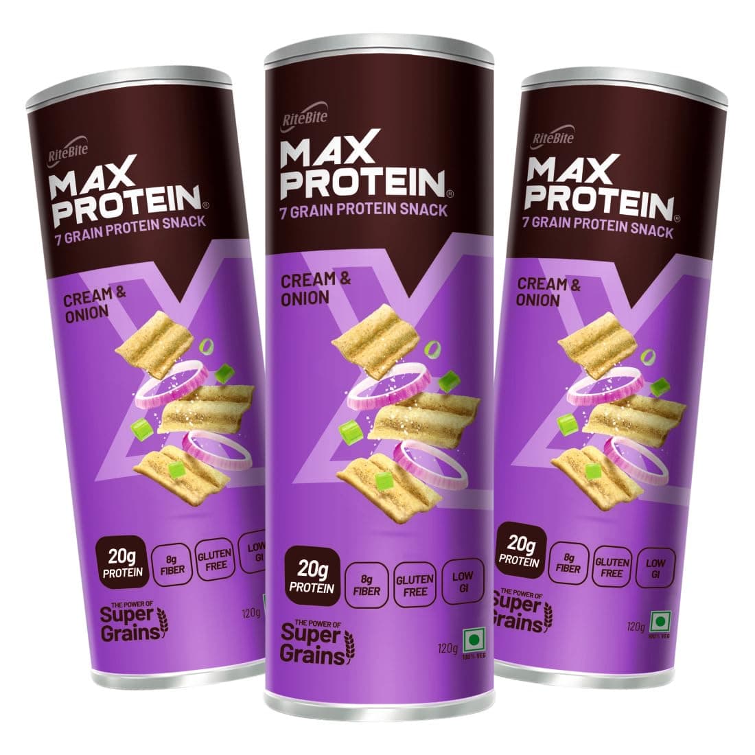 RiteBite Max Protein Cream & Onion Protein Chips With 20G Protein, 8G Fiber | Gluten Free, Low Gi, No Cholesterol & Trans Fat 7 Grain Protein Snack, 120G (Pack Of 3), 360 Gram
