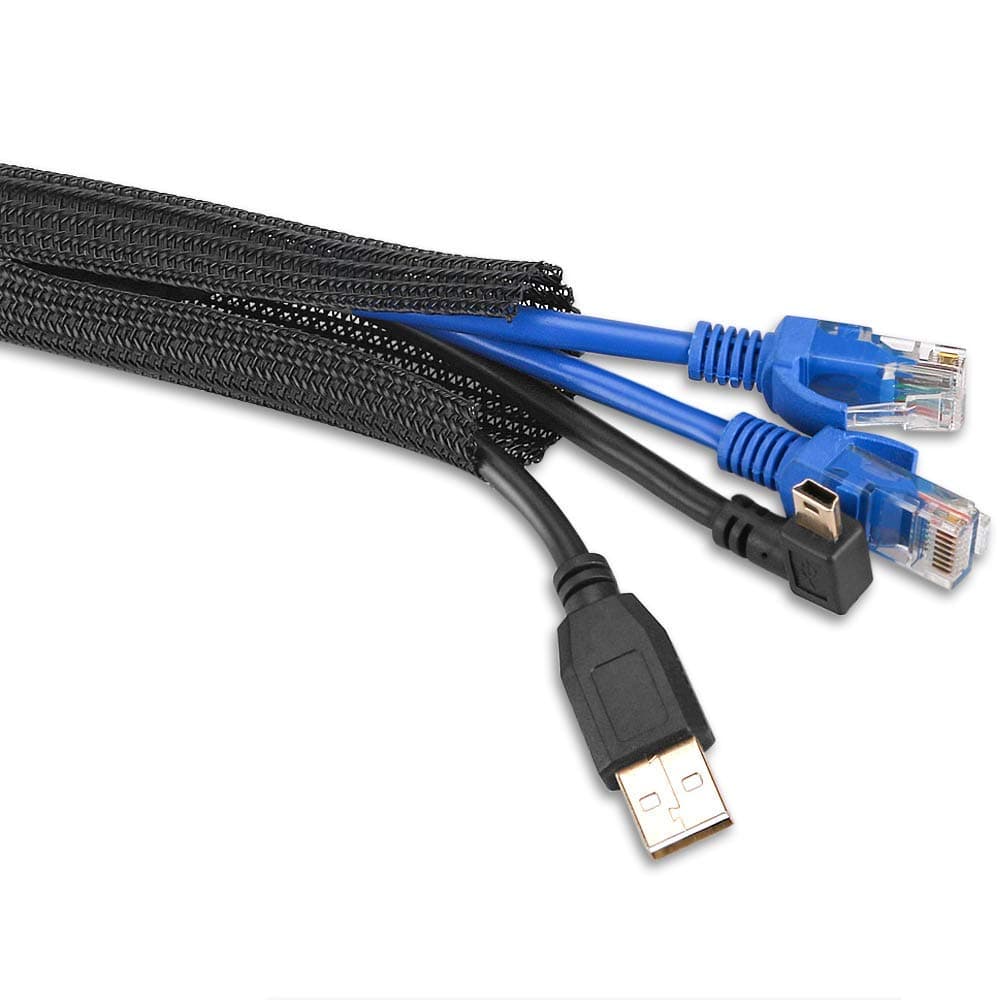 AGPTEK Adjustable 6.5ft/2m Braided Cable Sleeve, AGPTEK Wire Management Sleeve Hider for TV Desk PC Cable Wraps with Flame Retardancy Wires Organizer and Protector(Black)