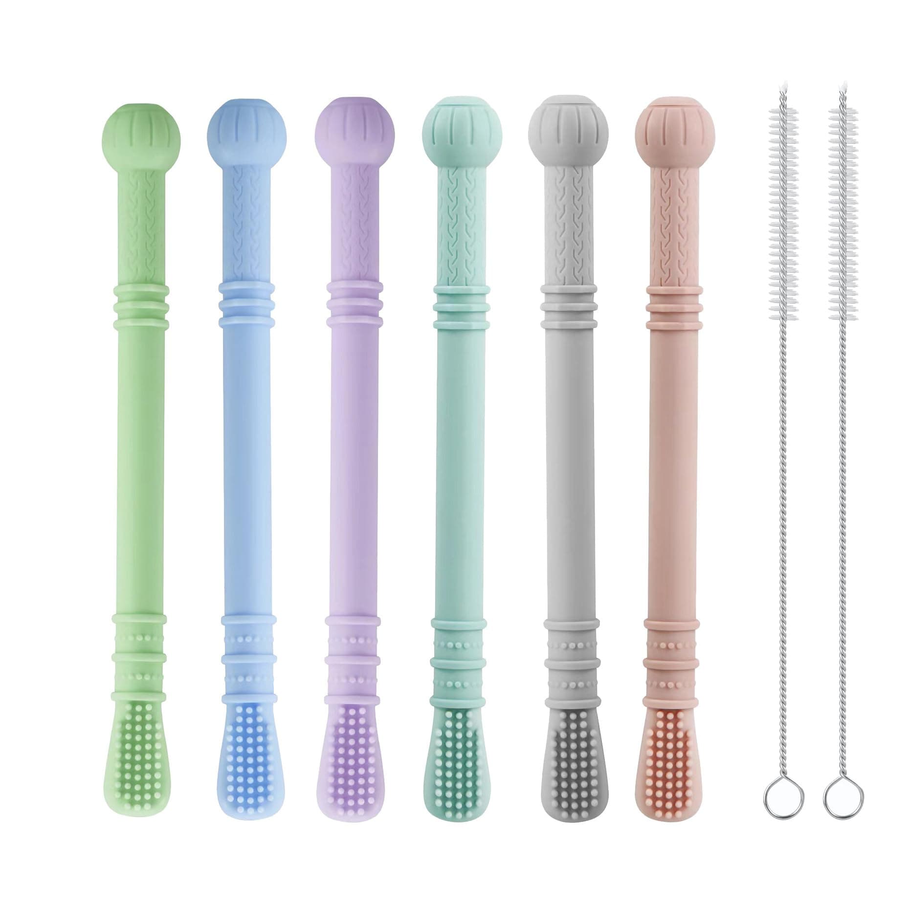 PandaEar Silicone Baby Teether Tubes, 6 Pack Teething Sticks for Babies| Soft Baby Teething Toys Chew Frozen Teether for Teething Relief with 2 Cleaning Brush, Baby Toys 0-3 3-6 6-12 months