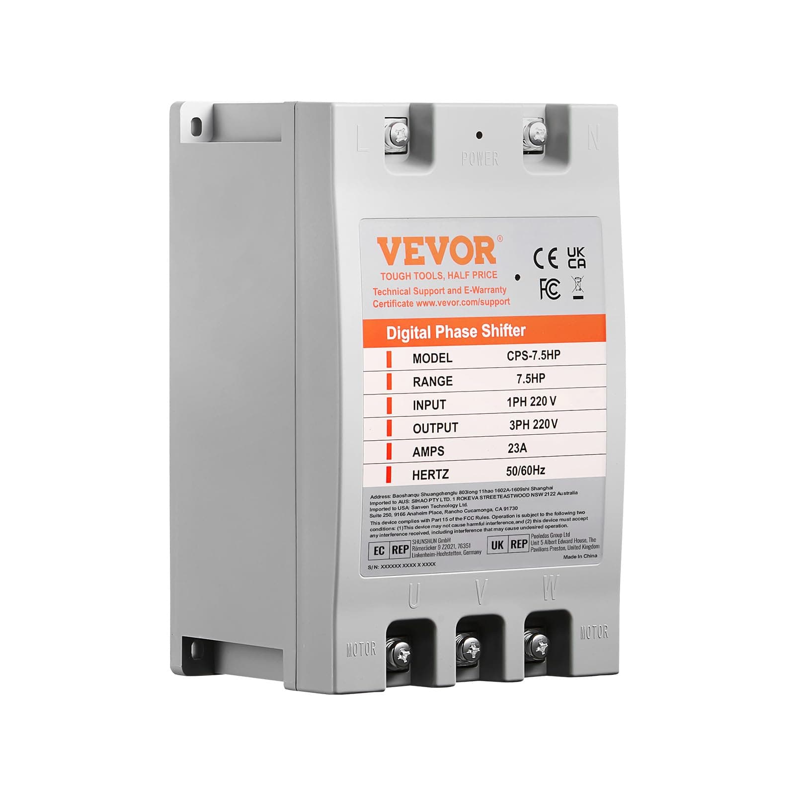 VEVOR 3 Phase Converter - 7.5HP 23A 220V Single Phase to 3 Phase Converter, 220V-240V Input/Output, Digital Phase Shifter for Residential & Light Commercial Use (One Converter for One Motor Only)