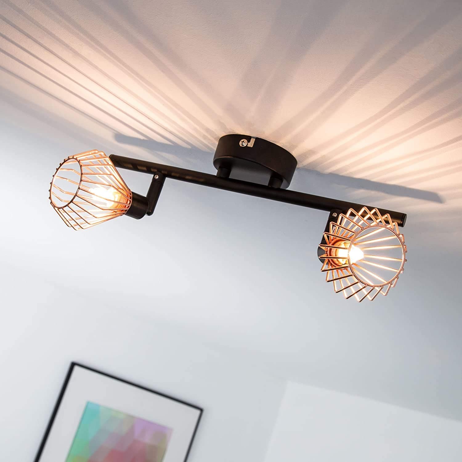 Ceiling light in retro design, with copper grille cover, 2x G9 max. 33 W, metal, black/copper [Energy Class A++]