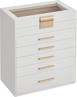 SONGMICSJewelry Box with Glass Lid, 6-Layer Jewelry Organizer, 5 Drawers, for Sunglasses, Big Jewelry, Jewelry Storage, Modern Style, Cloud White and Gold Color UJBC171W01