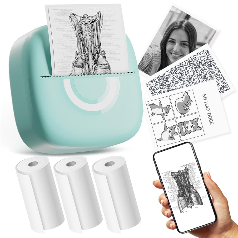 Cabaro Mini Printer Sticker Thermal Printer with 3 Rolls Paper, Bluetooth Portable Phone Print Pods,Study Sticker Maker for Pictures, Photos, Journals, DIY, Compatible with Phone & Tablet