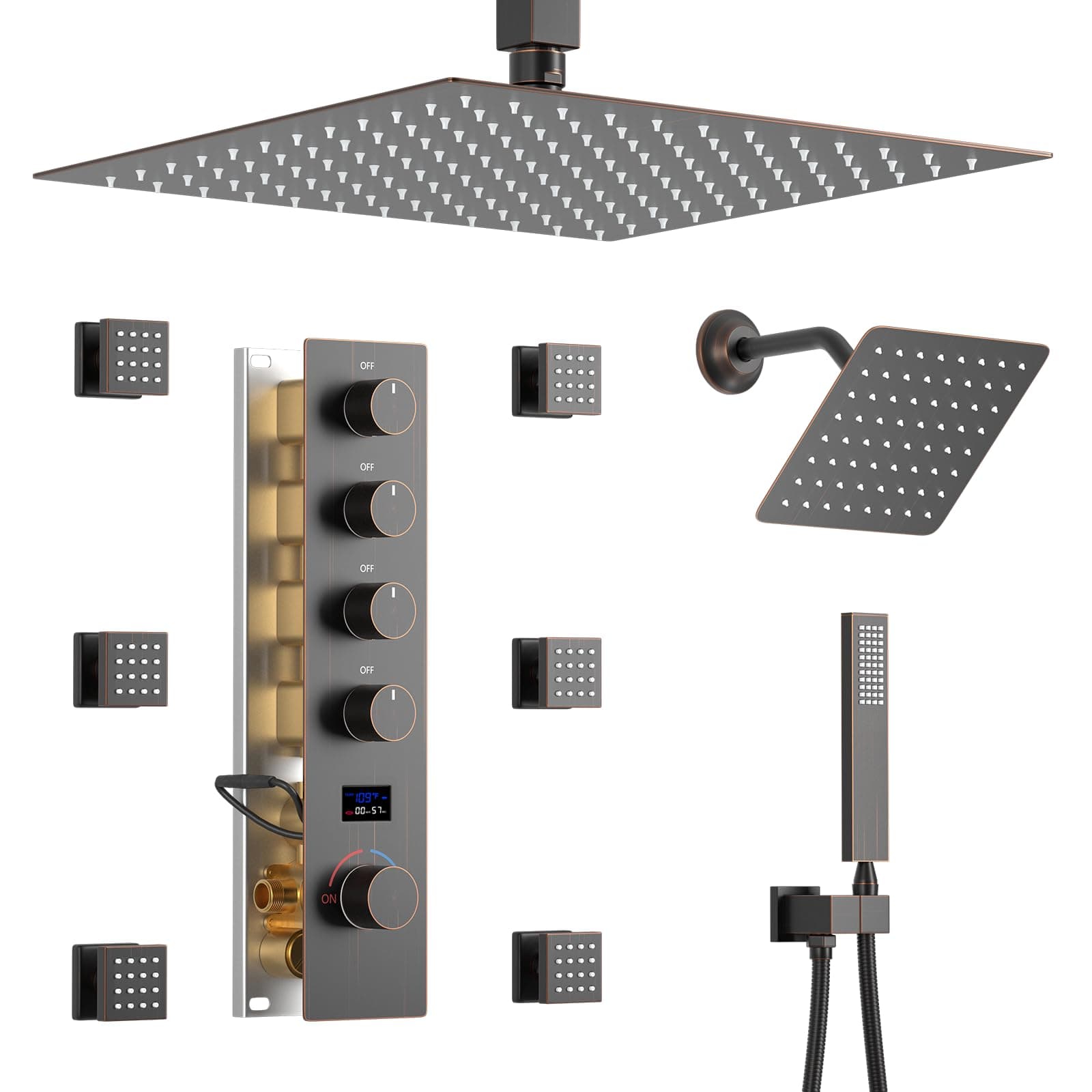 Temperature Display Oil Rubbed Bronze Shower System, Push Button Shower Faucet with Handheld Spray, Ceiling Mount 12 Inch and 8 Inch Wall Mount Shower Head, 6 PCS Body Jet