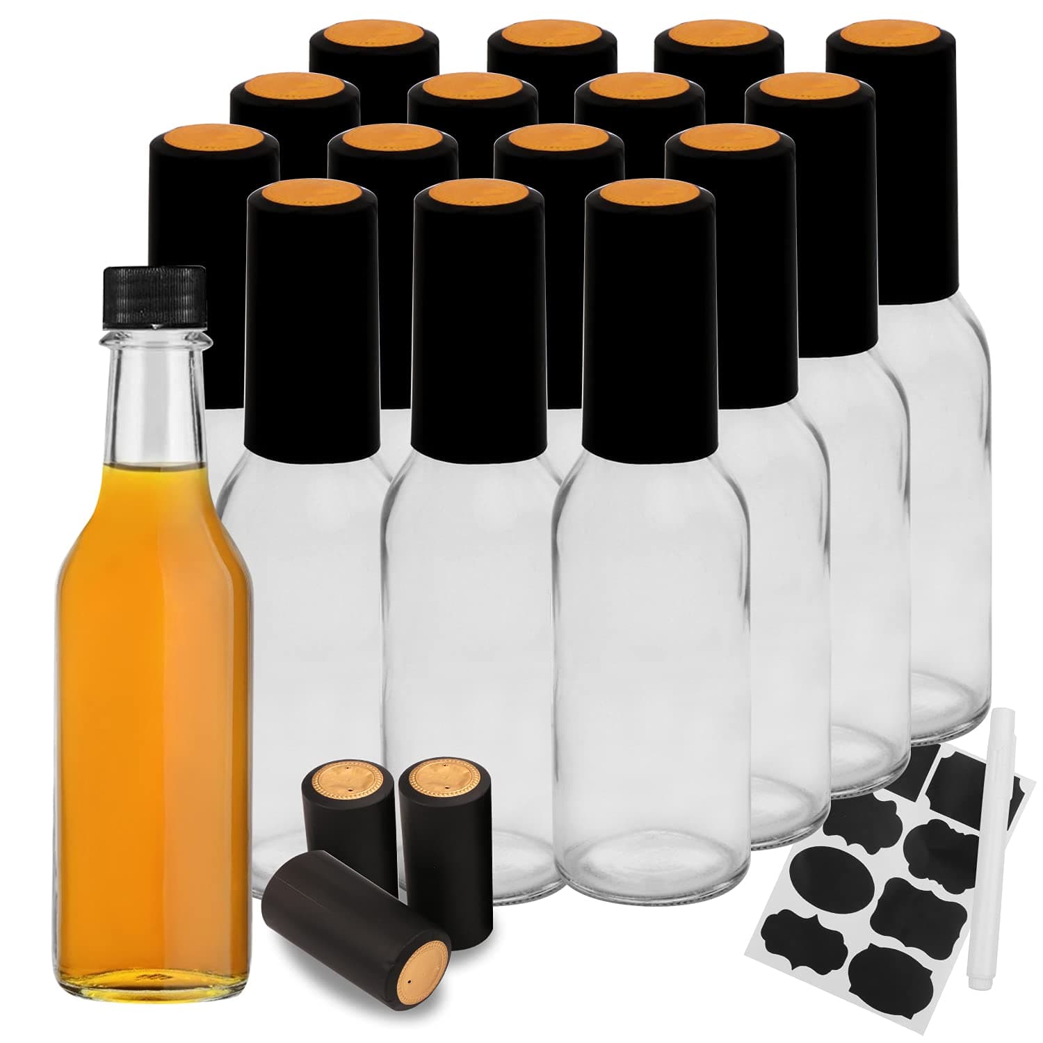 Maredash Hot Sauce Bottles with Black Caps, 16 pack 5oz empty glass bottles,woozy bottle 5 oz