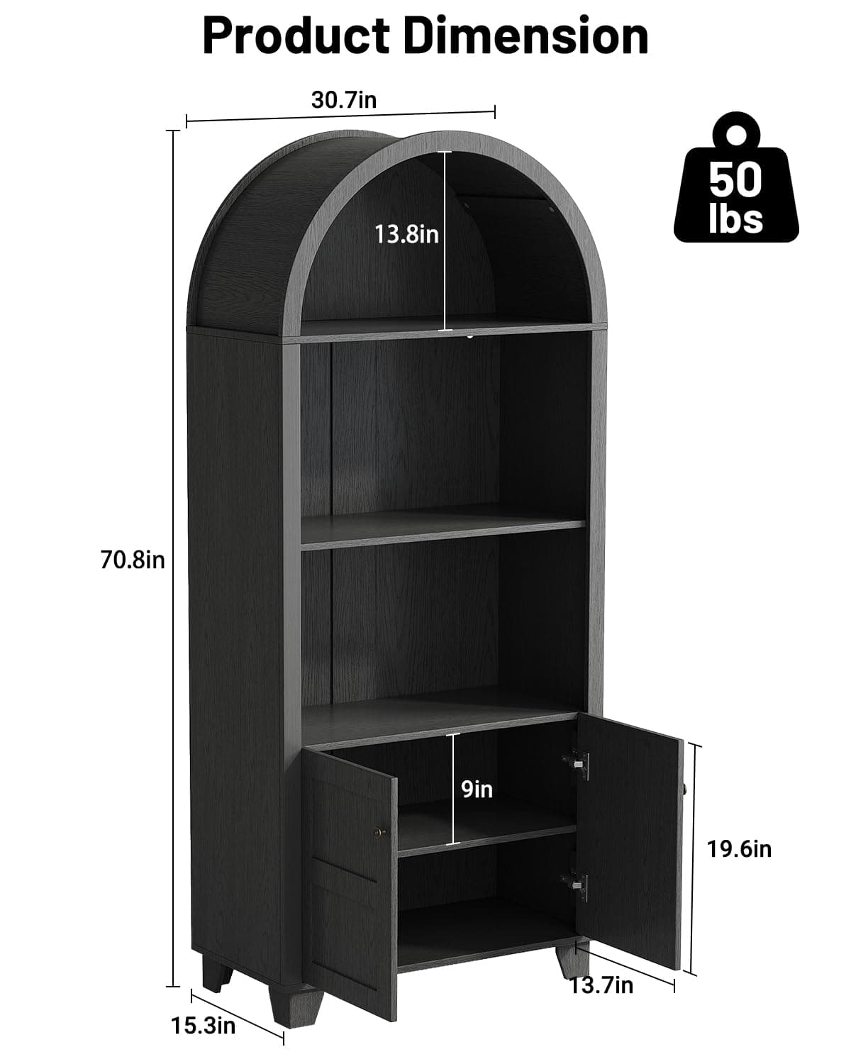 Seeday 71" Tall Arched Cabinet, 5-Tier Bookcase with Adjustable Shelves, Display Cabinets with Double Doors, Wood Versatile Bookself for Living Room, Home Office, Dinning Room, Black