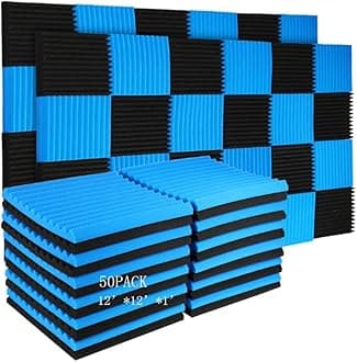 50 Pack Acoustic Panels Soundproof Studio Foam for Walls Sound Absorbing Panels Sound Insulation Panels Wedge for Home Studio Ceiling, 1" X 12" X 12" (Black&Blue)
