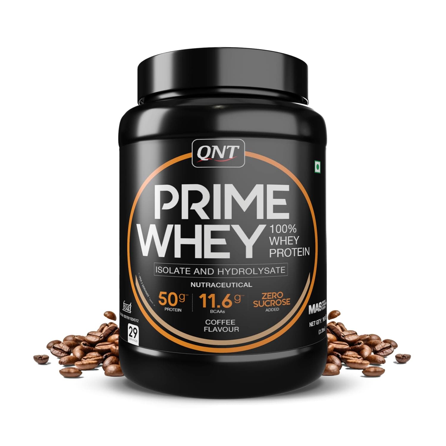 QNT Prime Whey, 100% Whey Protein with whey Isolate & Hydrolysate|1kg, Coffee Flavour| 29 Servings | 50g Protein, 11.6g BCAA, Zero Sugar (per 2scoops)