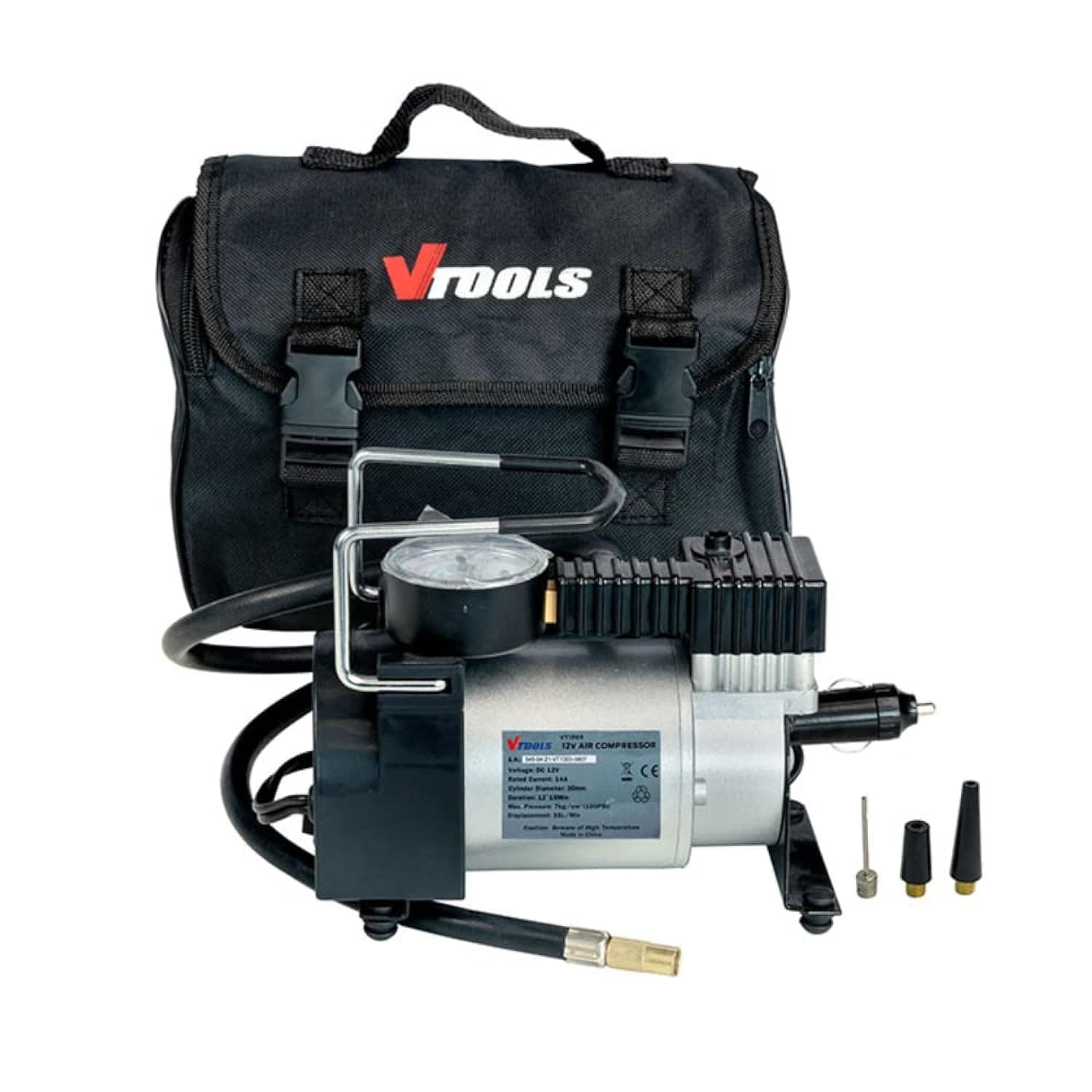 VTOOLS 12V Portable Air Compressor Single Cylinder With 100 Psi, Tyre Inflator For Car/Suv With Auto Stop, Carrying Bag,1 Meter Hose, And 4 Nozzles,Grey, VT1303