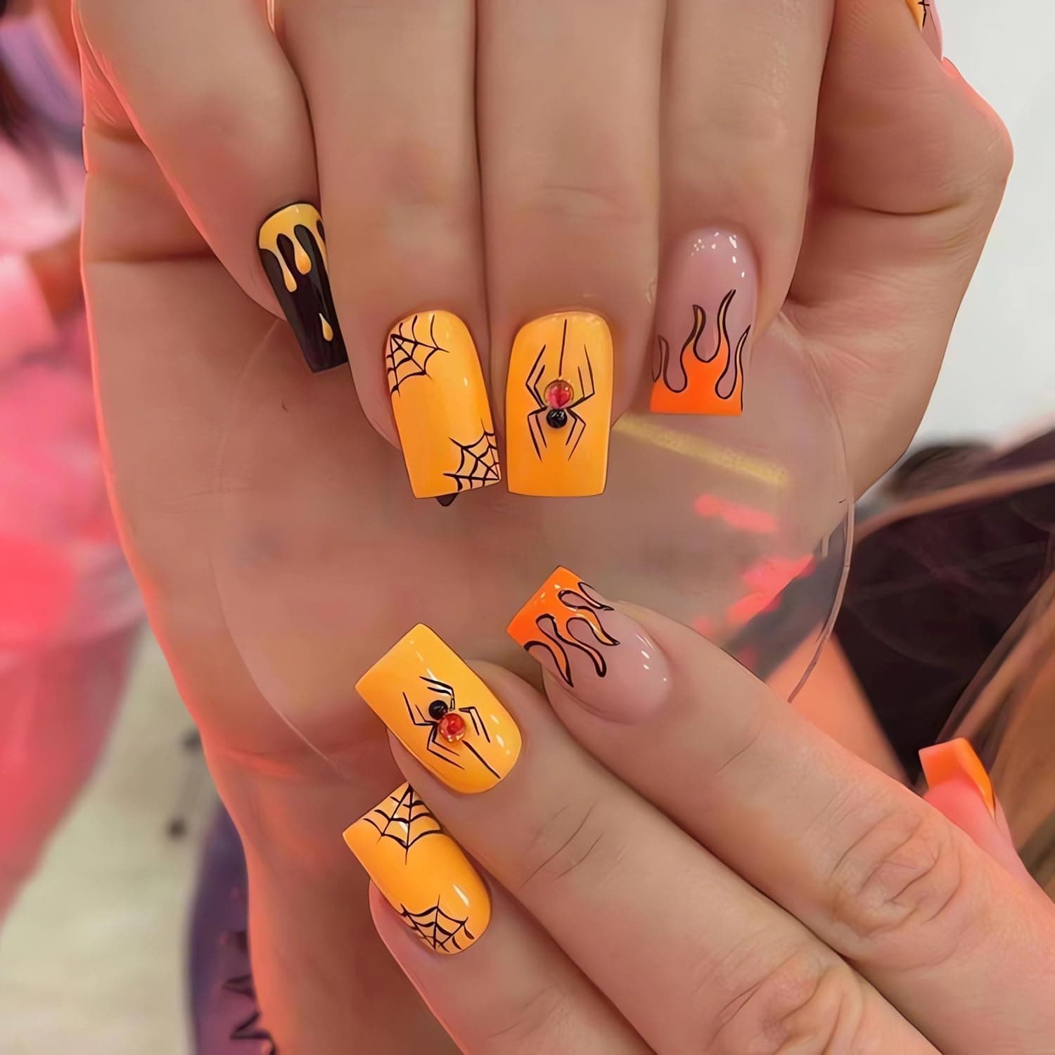24 Pcs Medium Halloween Press on Nails Square Shaped Fake Nails Glossy Yellow Halloween Glue on Nails with Spider Web and Flame Designs Medium Square Halloween Stick on Nails for Women Girls