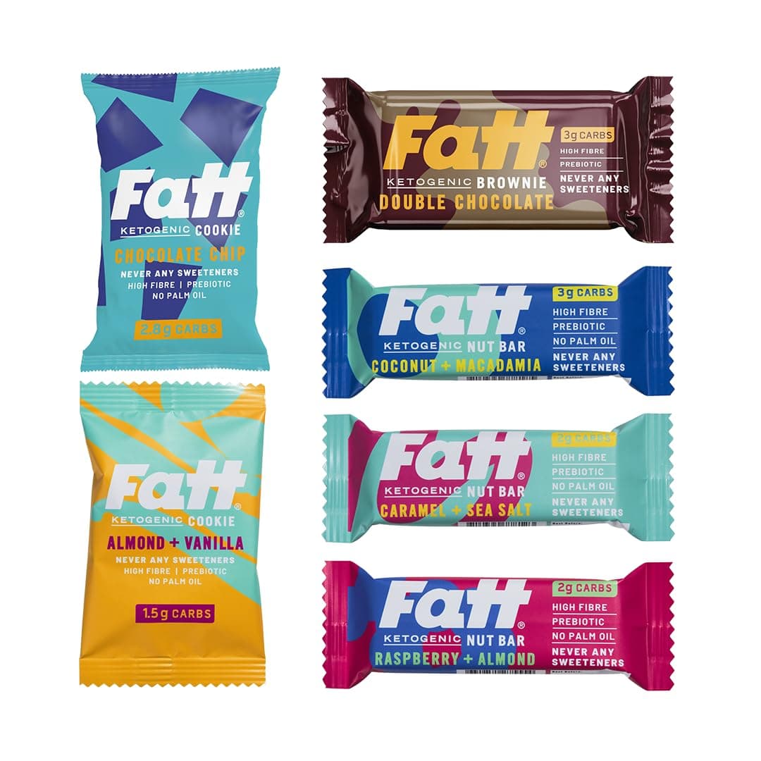 NEW SELECTION - Fatt Keto Taster Pack - Bars, Cookies, Brownie - 6 Products - From 1.5g Carbs - 100% Natural Ketogenic Snacks - Low Carb, Low Sugar, High Prebiotic Fibre & Sweetener Free - FattBar