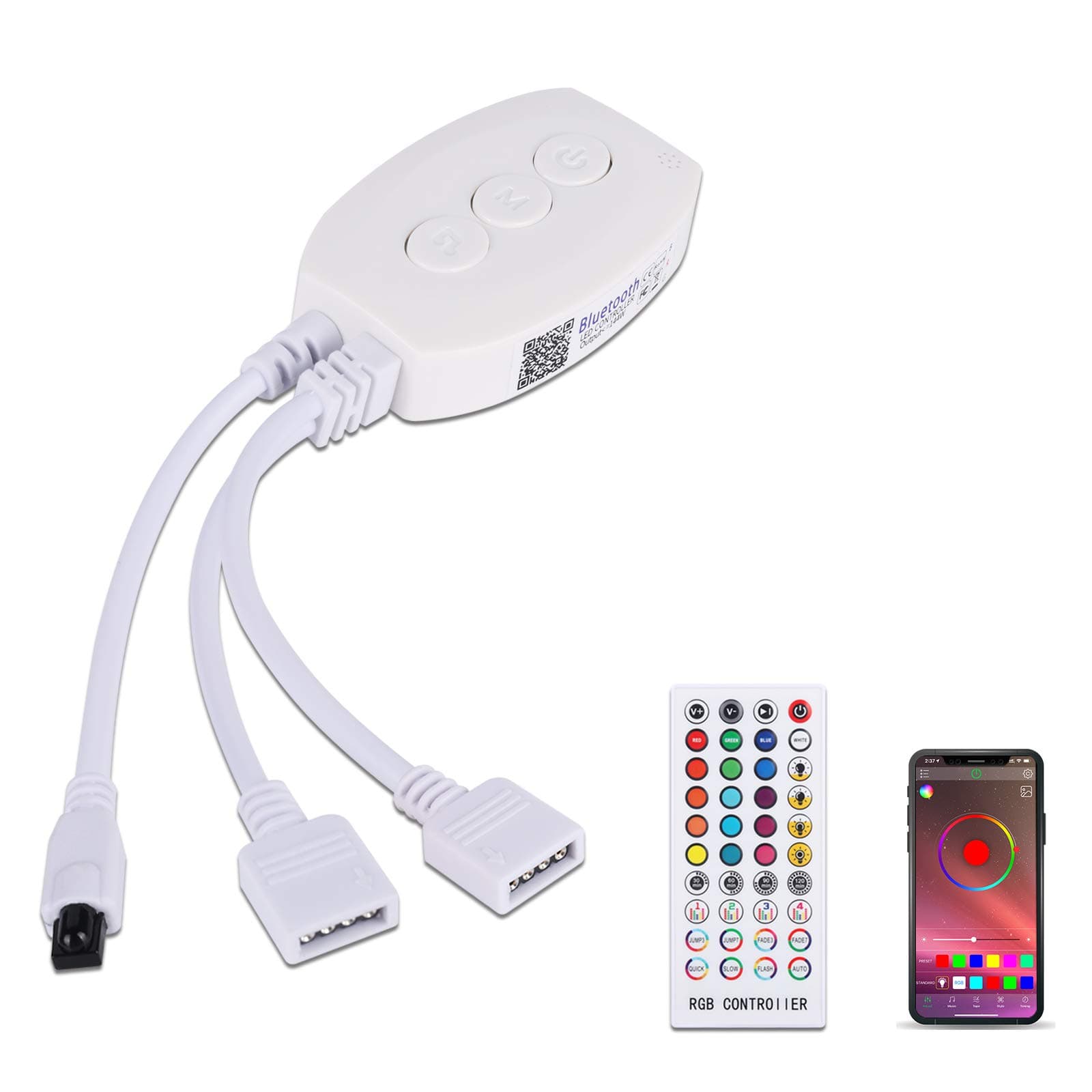 Bluetooth Controller, ALED LIGHT Wireless Bluetooth LED Strip Light Controller with 24 Keys IR Remote Control for RGB Band Lights Smart Phone APP Control Smart Controller for iOS and Android