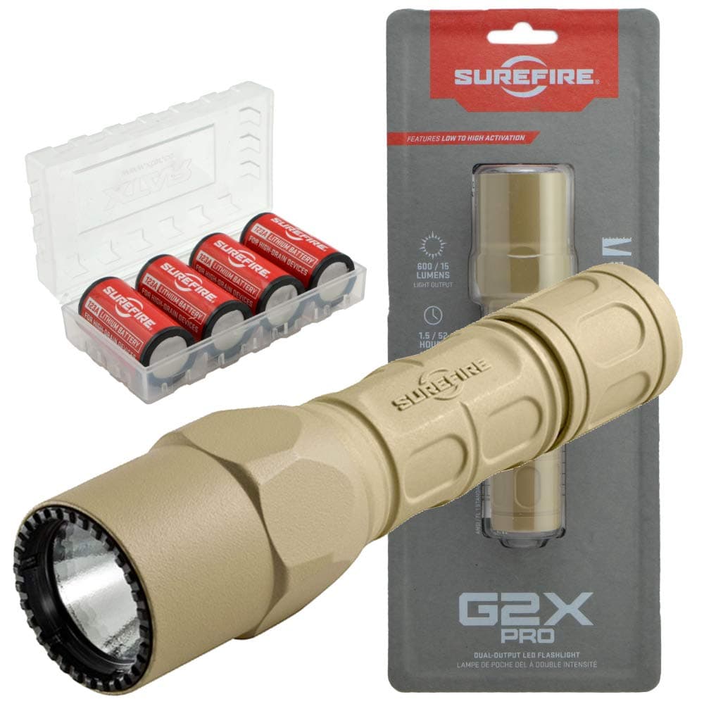 SureFire G2X Pro 600 Lumen Tactical EDC Flashlight Bundle with 4 Extra CR123A Batteries and Lightjunction Battery Case (Tan)