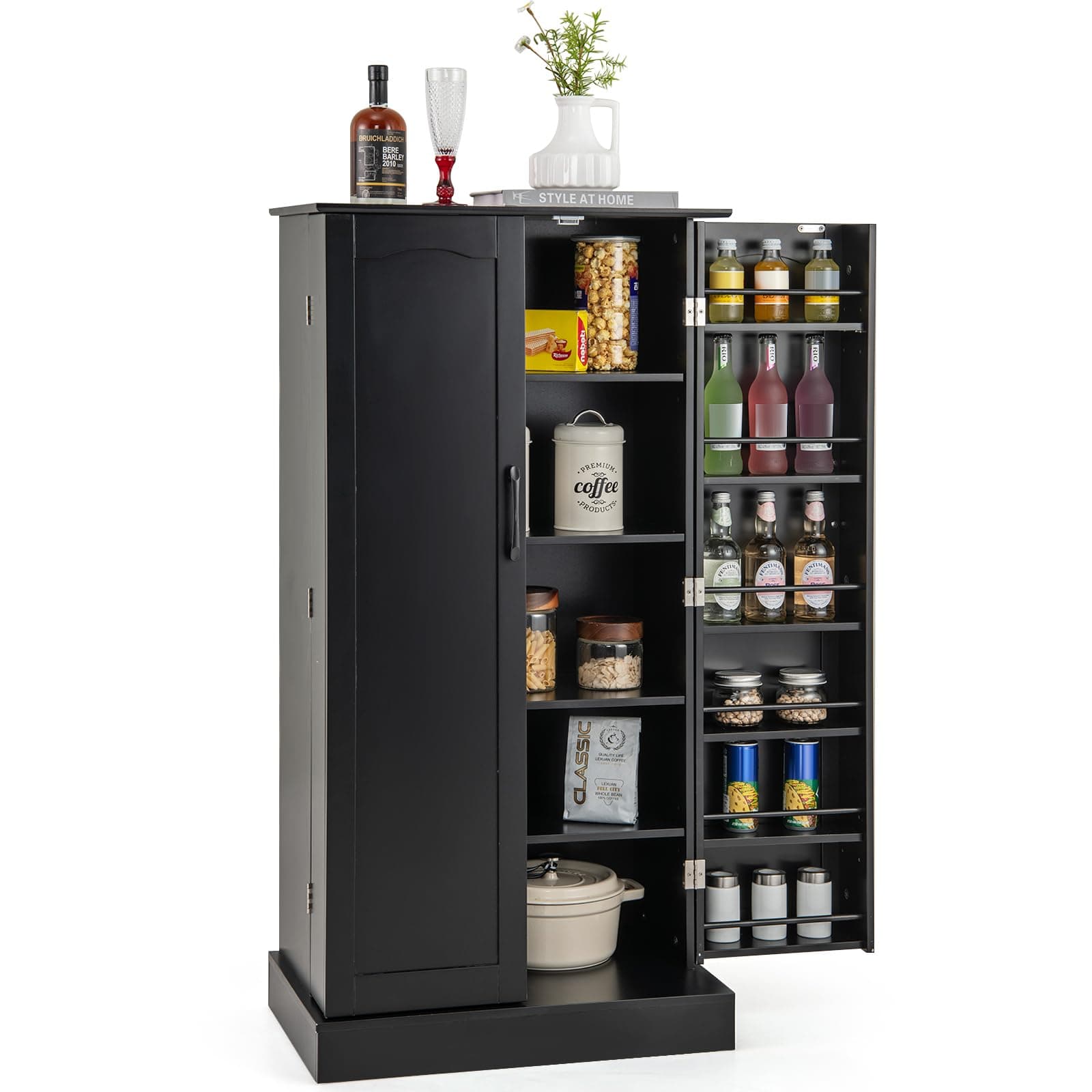 TANGZON Kitchen Cupboard, Kitchen Pantry Cabinet with Doors & Adjustable Shelves, Space Saving Larder Storage Cupboard Organiser for Dining Room Living Room Entryway (Black, 60 x 40 x 120cm)