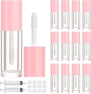 2.5ml 12 PCS Empty Lip Gloss Tubes with Wand Lip Gloss Containers Cute 0.08oz Clear Refillable Lipgloss Making Supplies Kit for DIY Makeup+ 2pcs Syringes (Pink)