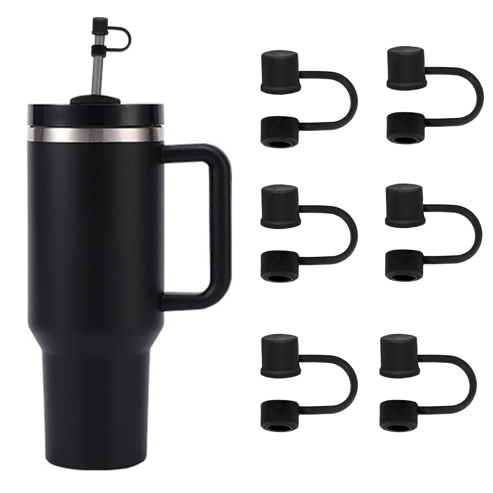 6PCS Silicone Straw Covers Cap Compatible with Stanley Cup 30-40 oz Tumbler with Handle 10mm Straw Toppers,Dust-Proof Reusable Straw Cover for Stanley Cup Accessories (Black)