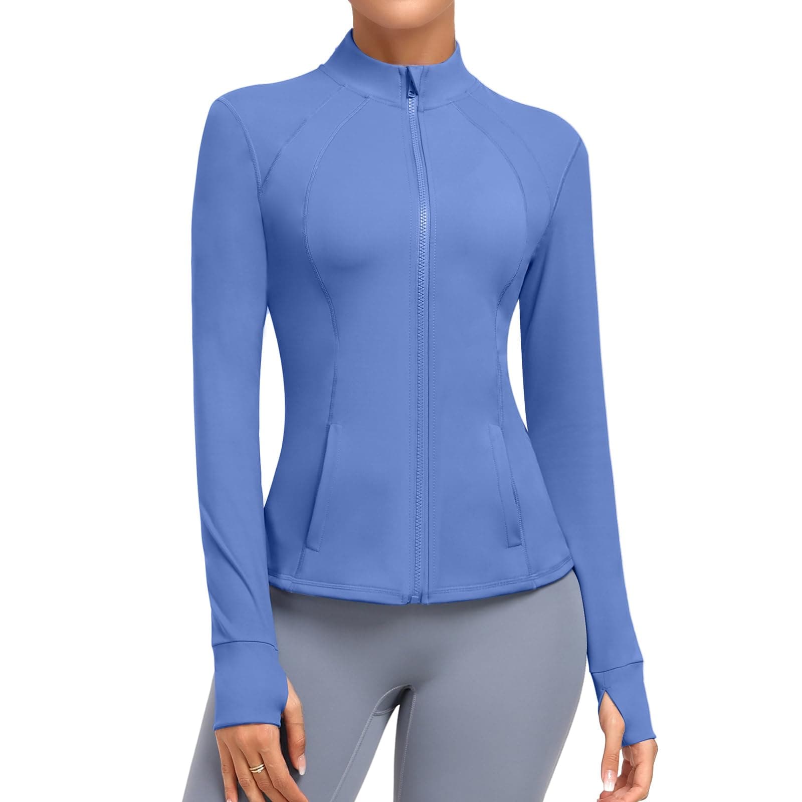 Women's Athletic Full Zip Lightweight Workout Jacket With Pockets Running Slim Fit Yoga Sportwear With Thumb Holes