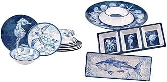Certified International Oceanic 12 piece Melamine Dinnerware Set, Service for 4, Multi Colored and Oceanic 3 Piece Melamine Hostess Serving Set, Multi Colored