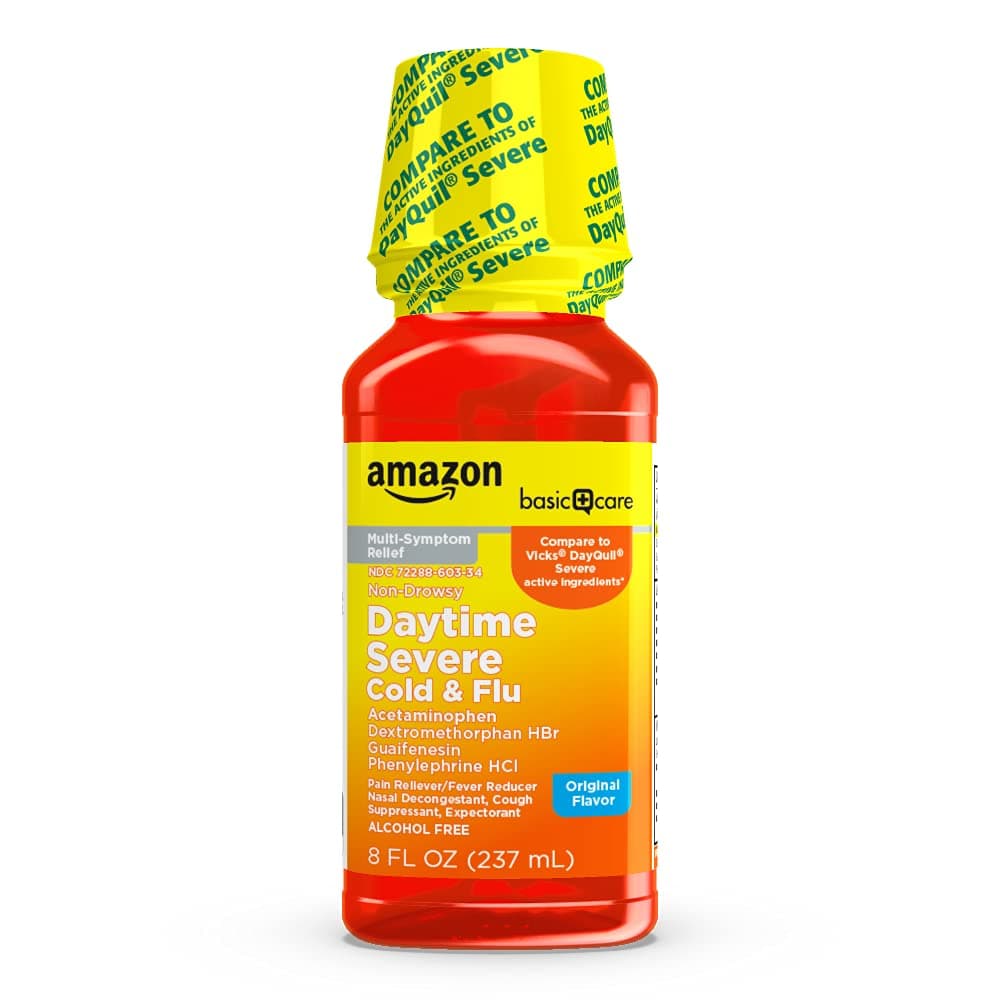 Amazon Basic Care Severe Daytime Cold & Flu, Maximum Strength Multi-Symptom Liquid Medicine, Non-Drowsy Fever Reducer, Pain Reliever, Original Flavor, 8 fl oz (Pack of 1)