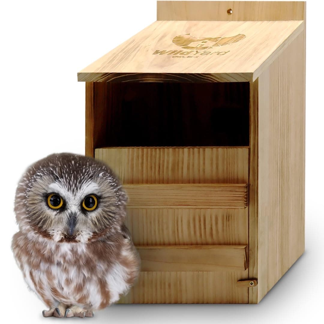 WildYard Owl Box - Cedar Wood, Rustic - Preassembled Owl House with Easy Hang & Clean Access - Nest Box with Camera Slot & Wood Shavings Included - UK Nesting Home for Barn & Tawny Birds