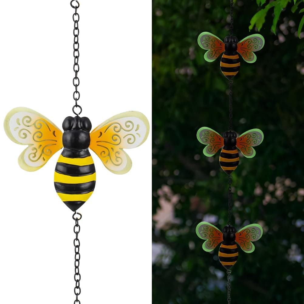 8.4 FT Rain Chains for Outside, Decorative Glow Bee Rain Chain with 12 Cups, Metal Adjustable Rain Catcher Chain, Replacement Downspout for Gutters