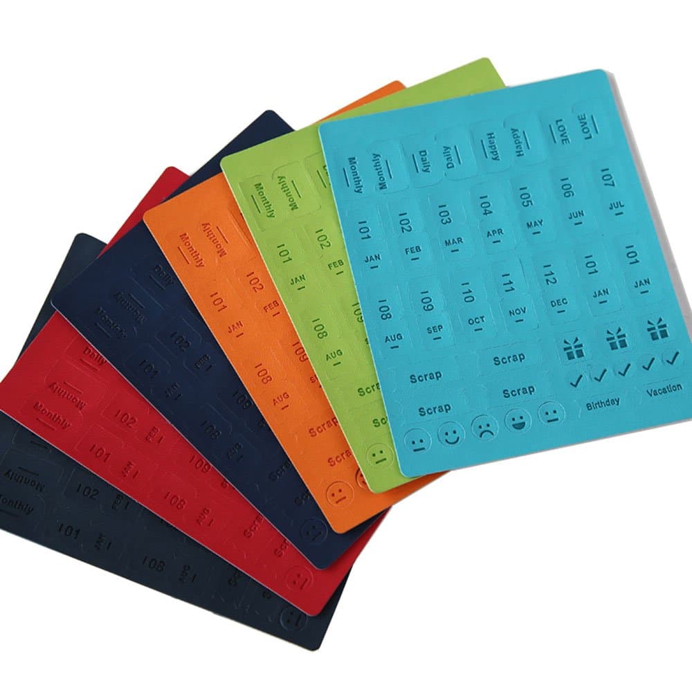 6 Sheets Self Adhesive Tabs, Mini DIY Leather Monthly Calendar Divider Reminder Stickers Flags for Appointment Book Events Diary Scrapbook Personal Planner (Multi-Color) 6PCS