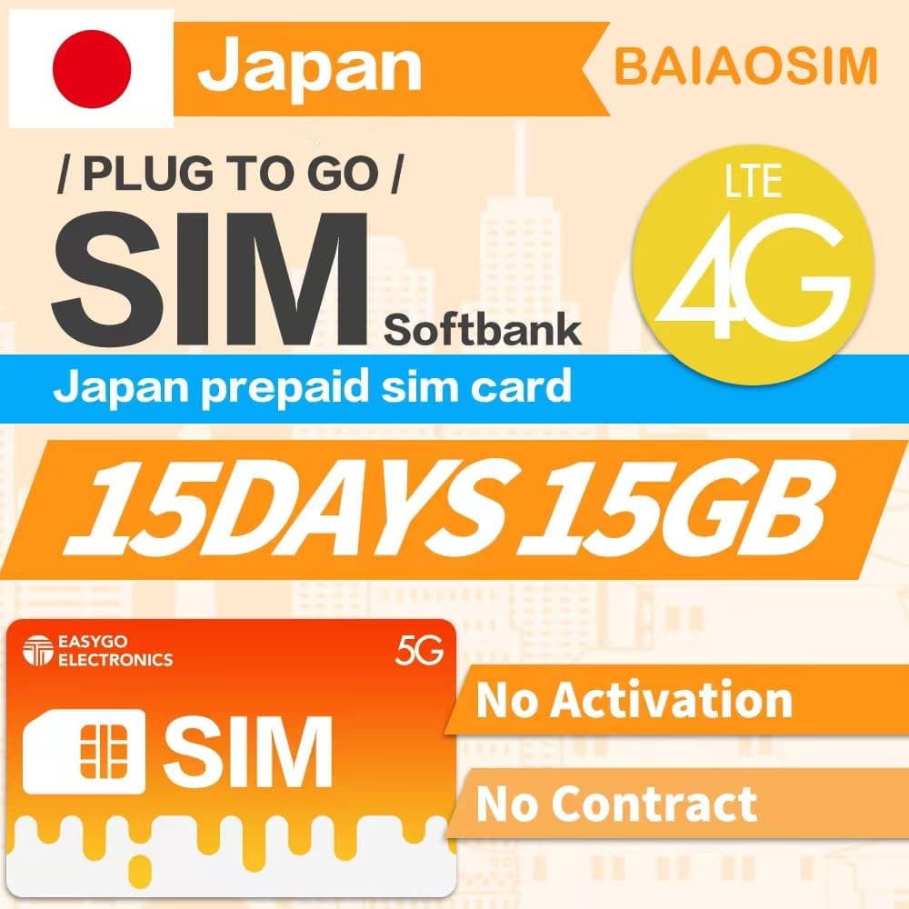 Data Sim Card for Japan, Softbank Prepaid Data Sim Card 15 Days, 10GB 4G LTE Data, Prepaid Sim Card for Smartphones and Tablets, No Contract, No Activation (10GB15DAYS)