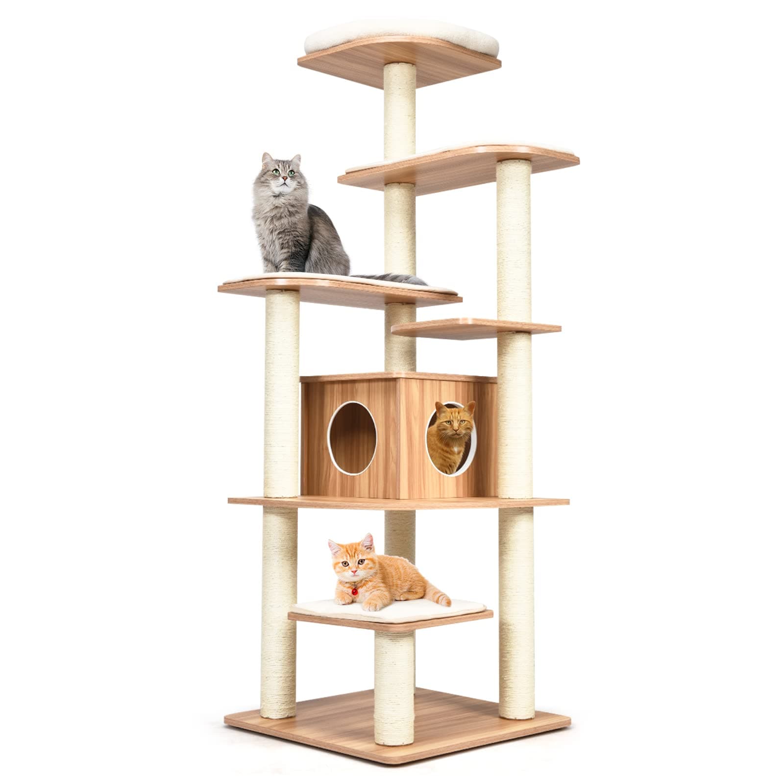 GOPLUS Cat Tree 175 cm High, Climbing Tree with 6 Platforms, Cat Scratching Post with Large Wooden Cave, Play Tree for Cats, Cat Furniture, Cat Trunks (Natural)