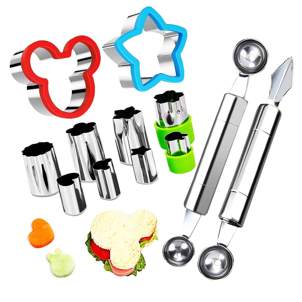 Fruit Vegetable Cutter Shapes Set, Mini Pie and Cookie Stamps Mold(8 pcs) with Melon Baller Scoop & Carving Knife, Stainless Steel, DIY Fun Food Decorating Tools cookie cutter for Kitchen