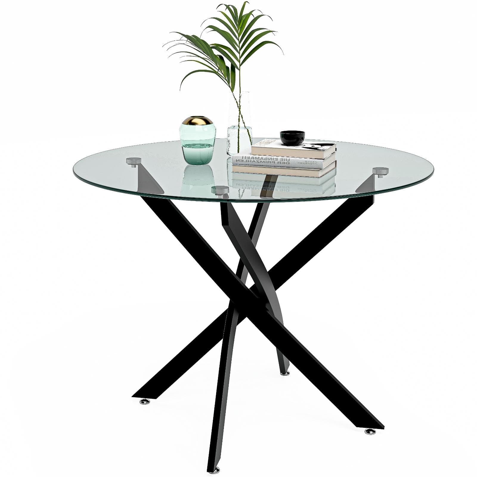 GOLDFAN Round Tempered Glass Dining Table Modern Kitchen Table with Black Tubular Legs for Dining Room, Black (Table Only)