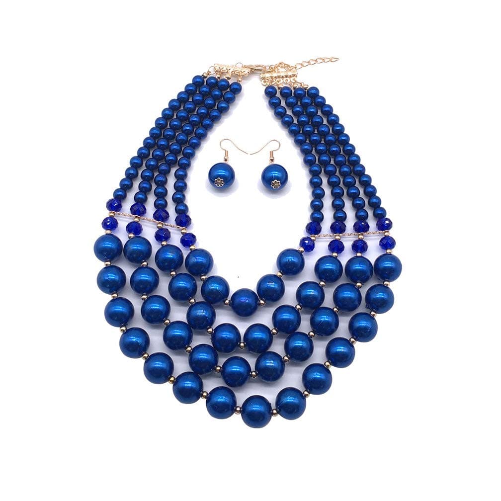 Halawly 5 Colors Statement Beaded Layered Strands Resin Big Simulated Pearls Multi Strand 4 Layer Collar Evening Necklace (Blue)