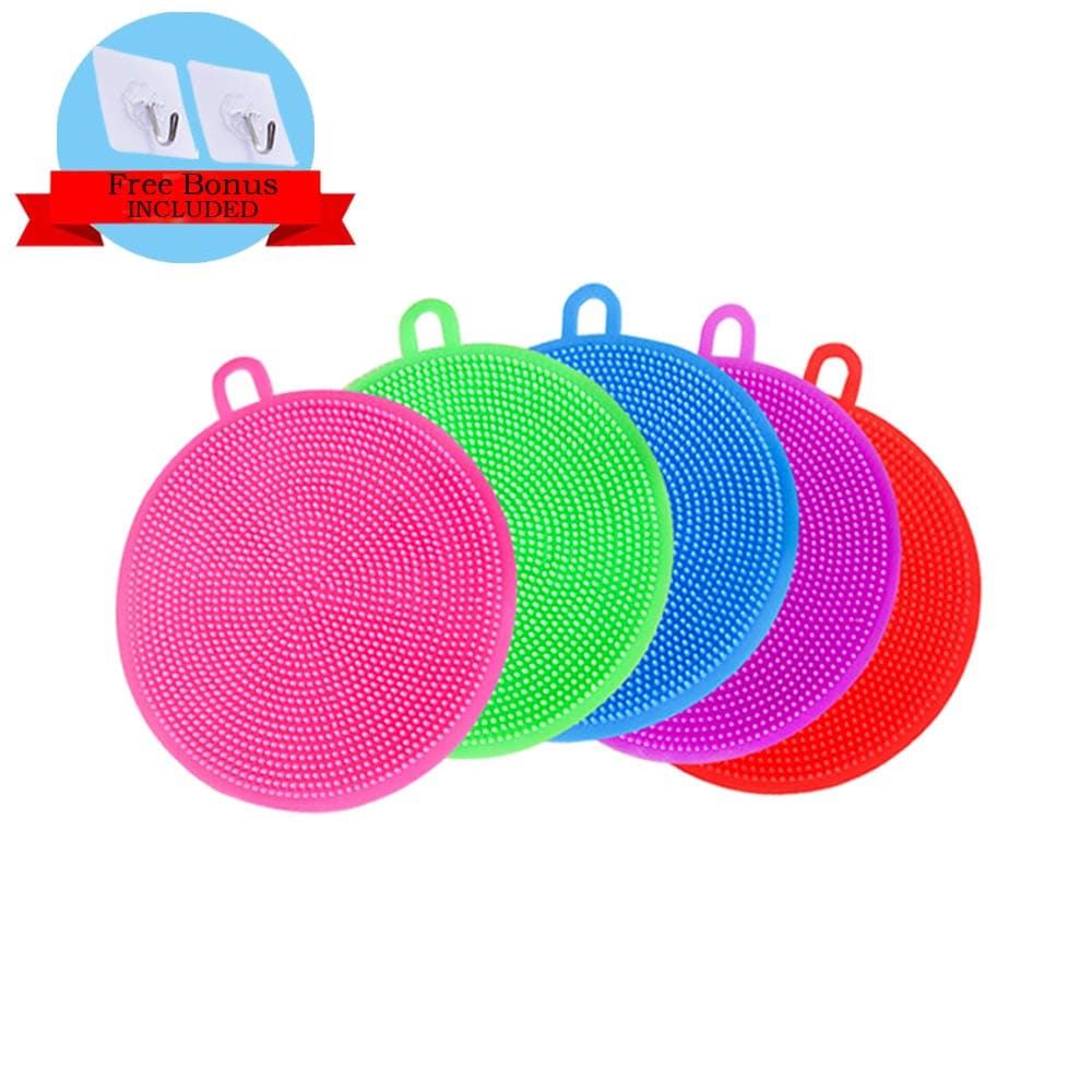 Silicone Scrubber(5 Pack), Silicone Sponges Multipurpose Kitchen Scrub Brush for Dish Pot and Veggies Fruit Smart Kitchen Gadgets Brush Accessories 5 Colors with Free Bonus 2 Hooks