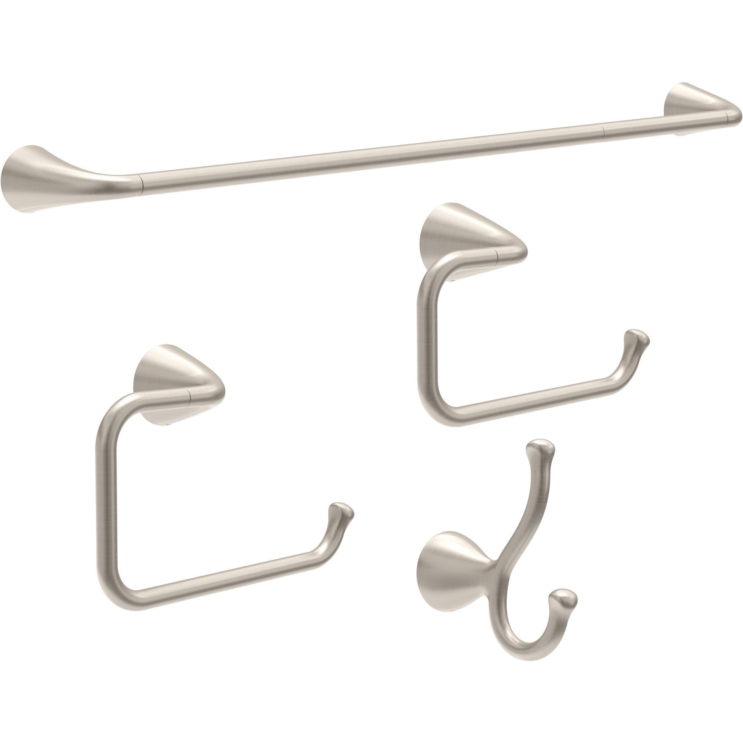 Delta ARV64-DN Arvo 4-Piece Bath Hardware Set 18-in Towel Bar w/ 6-in Extender, Toilet Paper Holder, Towel Ring, Hook, Brushed Nickel
