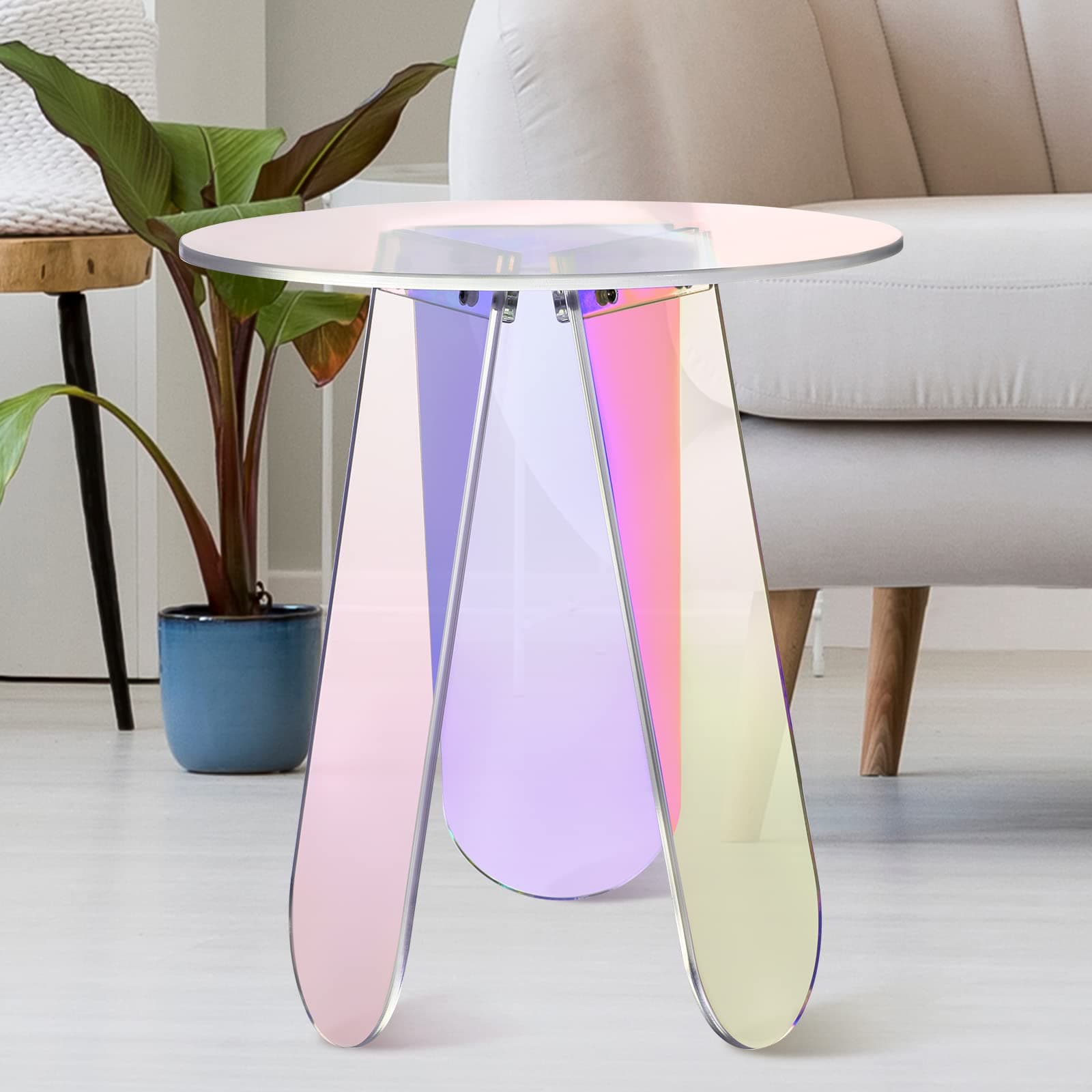 Acrylic Round Clear Iridescent Side Table Rainbow Acrylic Coffee Table Rainbow Colors End Tables Modern Accent Night Stand Iridescent Table for Bistro Office (Iridescent Style, 17.8 x 17.8 x 4.3 Inch)