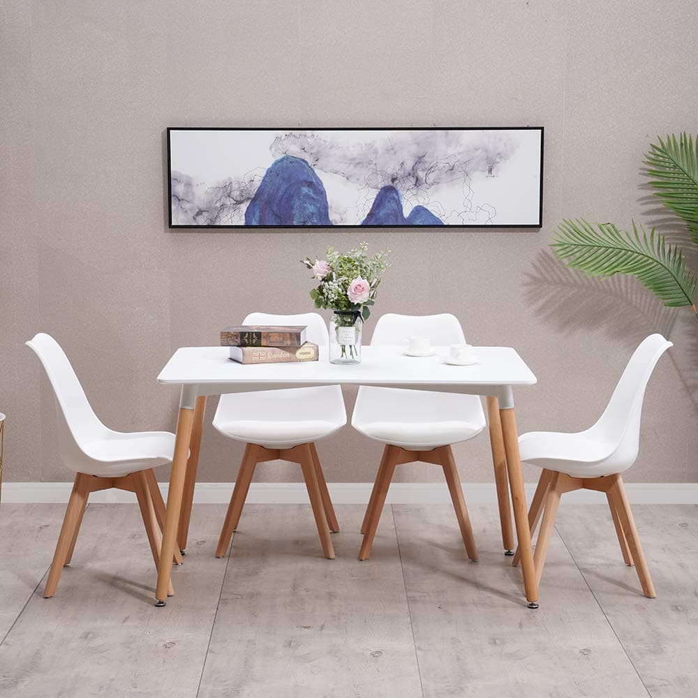 HomJoy Dining Table and 4 Chairs Set, Modern Design PU Seat Lounge Chair and White Rectangular Kitchen Table with Solid Wood Legs (White * 4 + 120cm)