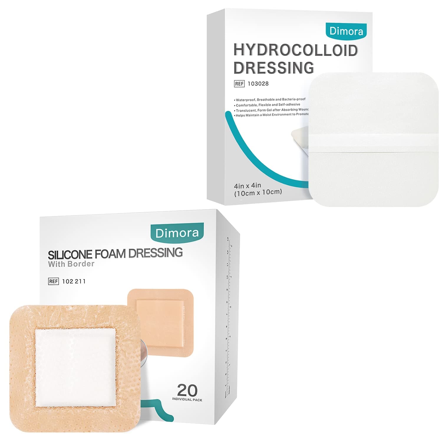 Dimora Hydrocolloid Dressing 4" x 4" 10 Pack 0.5mm Thick + Silicone Foam Dressing with Border 20 Pack Adhesive 4"x4"