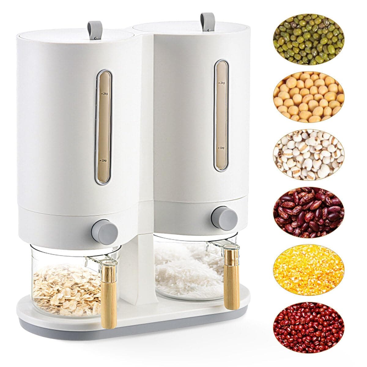 LANGMINGDE Dual Rice Dispenser, Rice Storage Container with 2 Measuring Cup, 2 in 1 Grain Holder Beans Cereal Food Dispensers Countertop with Airtight Lid for Home Kitchen